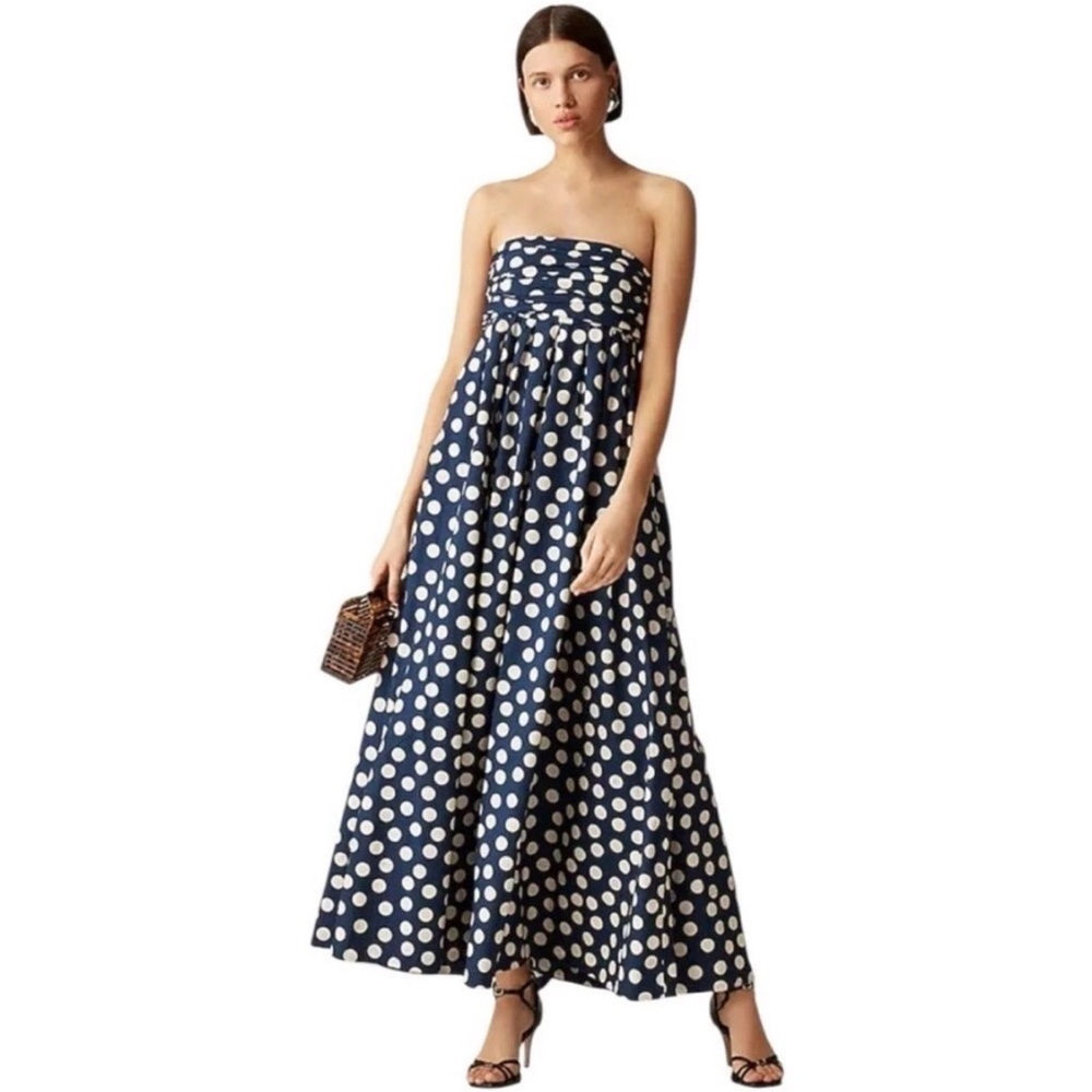 J. Crew Collection Strapless Navy and White Polka Dot Dress
